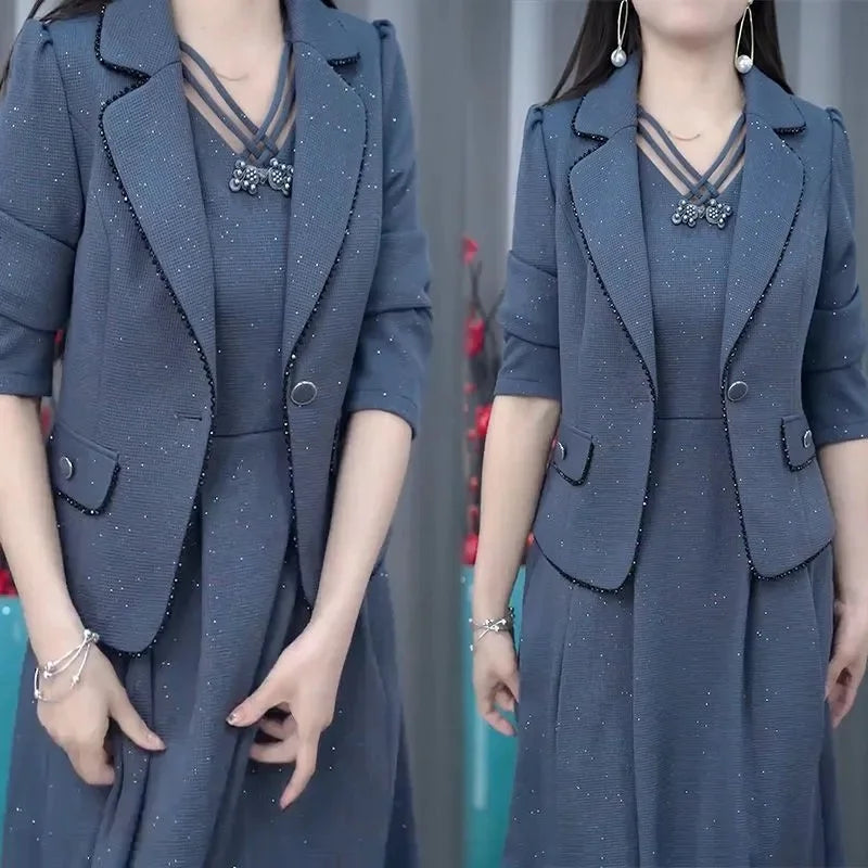 Maxy Middle Aged Female Dress Sets Spring Autumn High End Elegant Blazer Coat And Long Dress 2PCS Women OL Temperament Dresses Suit