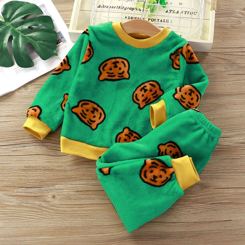 Maxy New 2024 Autumn Winter Kids Thick Warm Flannel Pajama Sets Baby Boys Girls Cartoon Long Sleeve O-neck Clothing Sleepwear Pyjamas