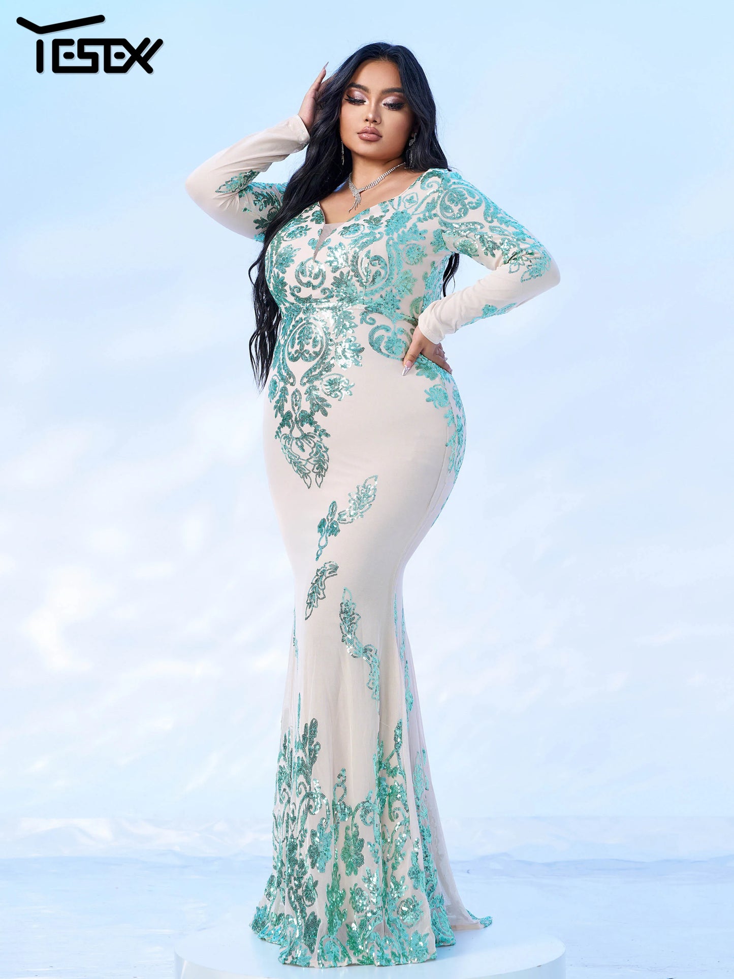 Maxy Yerex New Plus Size Green Long Sleeves Sequin Mermaid Evening Gown Graduation Wedding Birthday Party Formal Occasion Dresses
