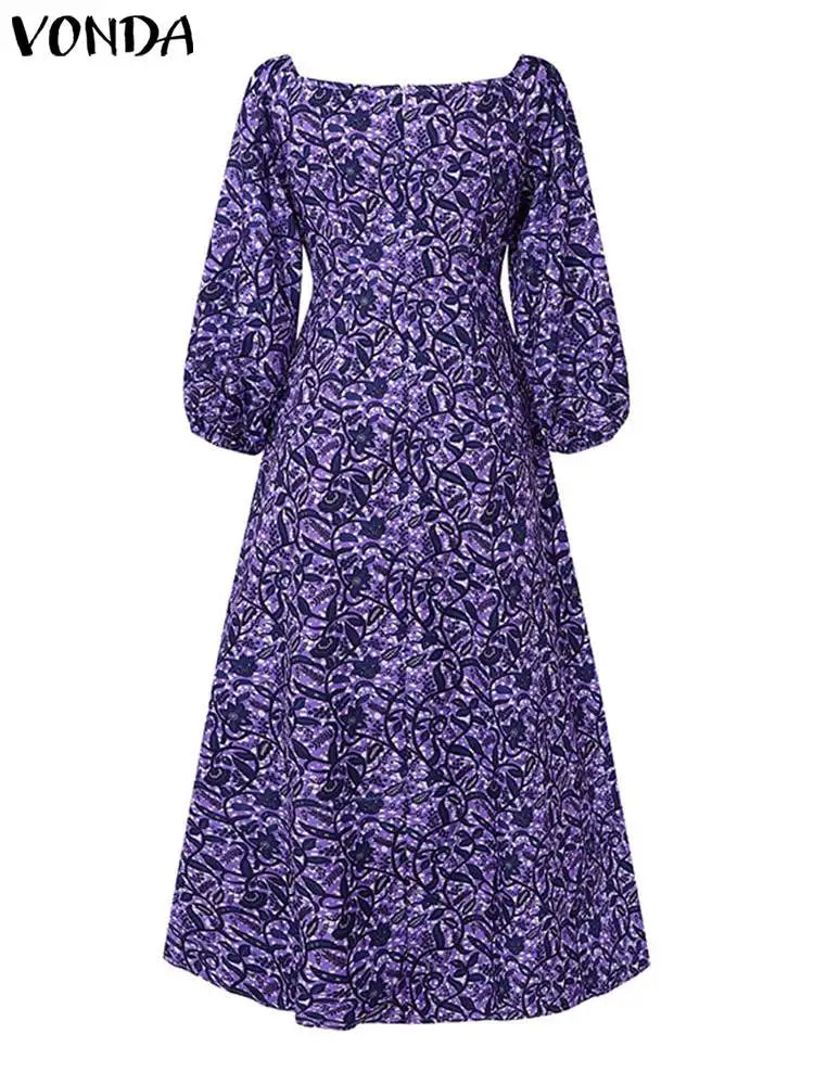 Maxy Plus Size 5XL Women Maxy Dress Off The Shoulder Puff Sleeve Floor-Length Printed Vest Oversize Casual Robe