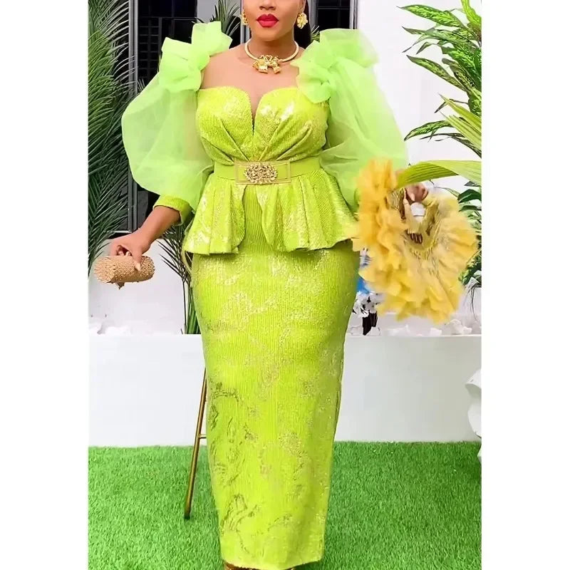 Amay Dresses for Women New Fashion Plus Size Sequin Evening Party Long Dress Dashiki Ankara Outfits Robe African Clothes