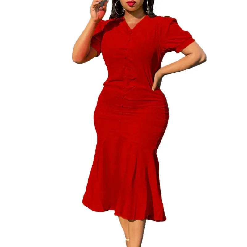 Amay Summer Elegant African Women V-neck Polyester Green Black Red Short Sleeve Dress S-3XL African Dresses for Women