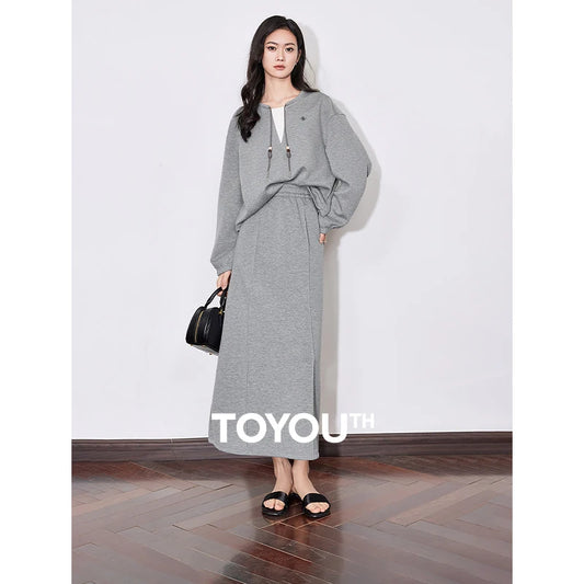 Maxy Two Piece Suit Spring New Hooded Sweatshirt With Mid Length Skirt Women Sports Casual Fashion Sets