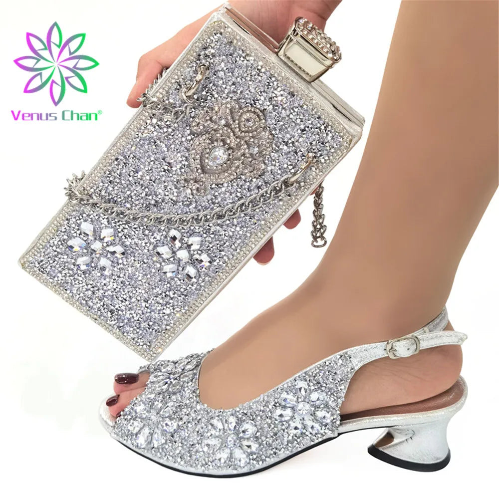 Maxy Design Shoes with Matching Bags for Wedding High Heels Women Wedding Shoes Decorated with Rhinestone Shoe and Purse Set