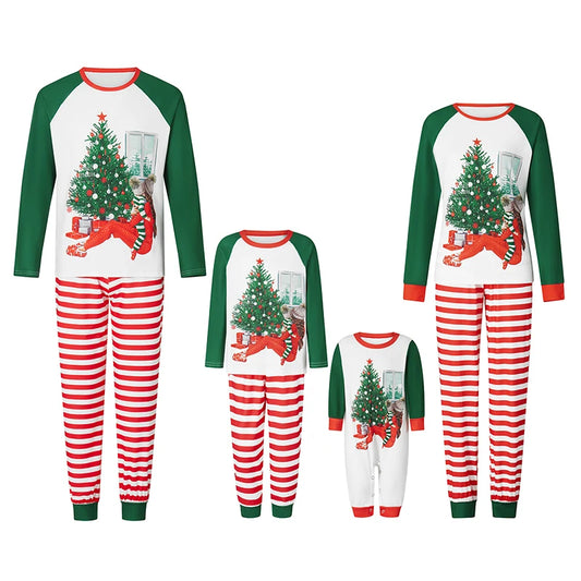 Family Pajamas Matching Outfits Set Christmas Tree Print Long Sleeve Tops and Elastic Striped Pants Loungewear Soft Sleepwear