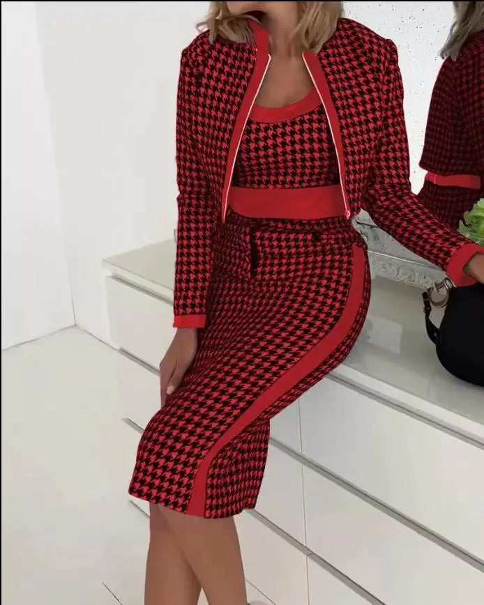 Three piece Women's Plaid Printed Skirt Set Autumn Elegant Office Lady Long Sleeve Zipper Coat & High waist Work Skirt With Tank