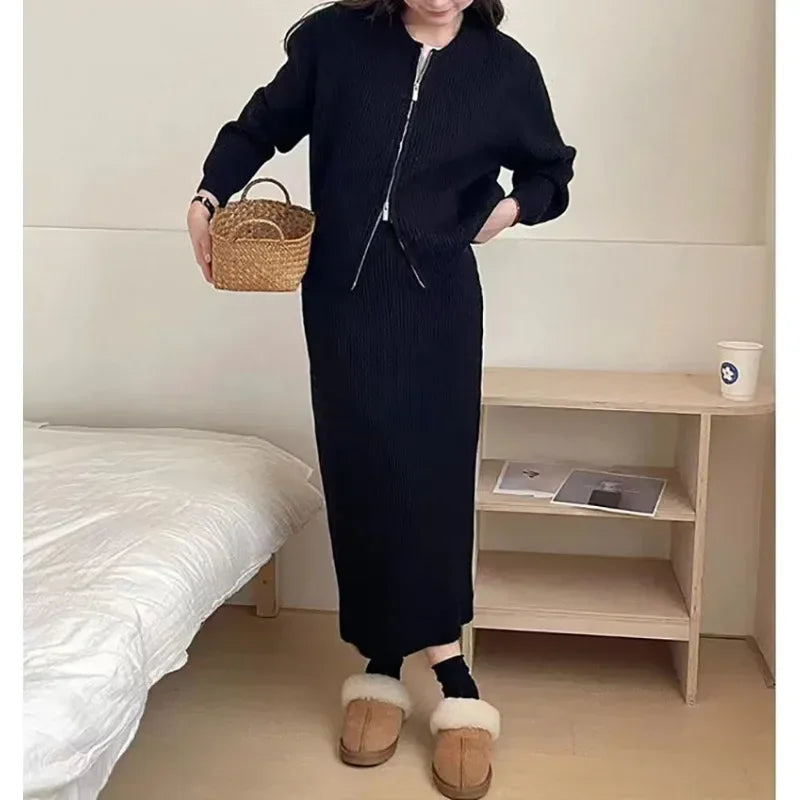 Amay Fashionable Women's Double Zipper Woolen Dress Two-piece Set Casual Loose Autumn and Winter New Half Skirt Knitted Cardigan