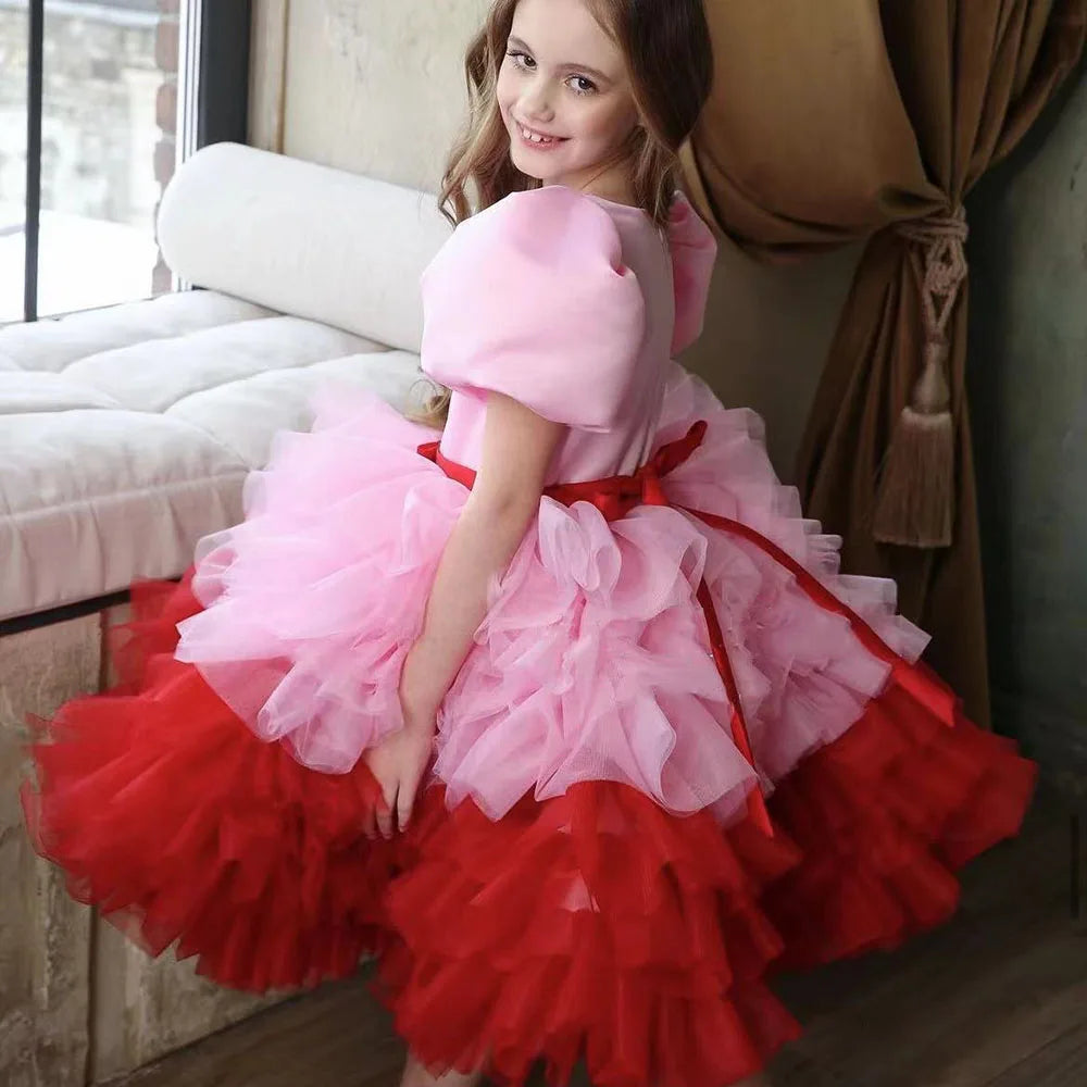 Maxy Princess Elegant Bubble Sleeve Flower Girl Dress For Wedding With Bows Layred Puffy Child First Eucharistic Birthday Party Dresses