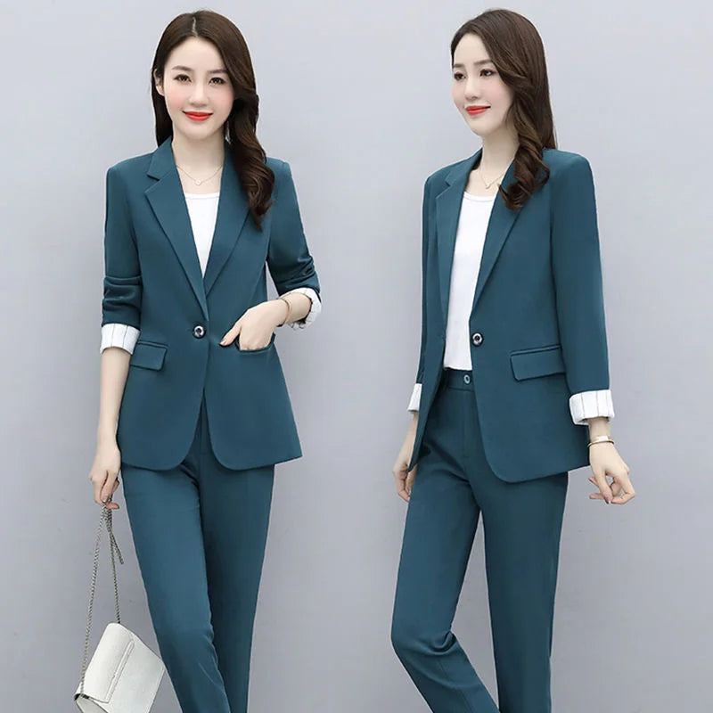 Two-Piece Set Fashionable Classic Long Sleeve Blazer With Pants Women Chic Simple Elegant Business Blazer Pant Office Suit