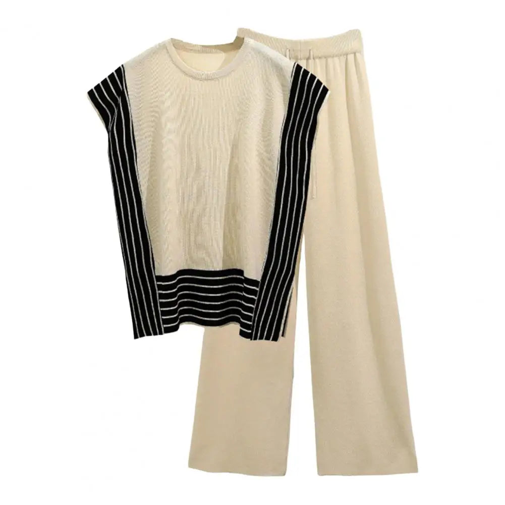Maxy Women Top Pants Set Striped Knitted Two-piece Set for Women Top High Waist Pants Contrast Colors Homewear Outfit Women Two-piece
