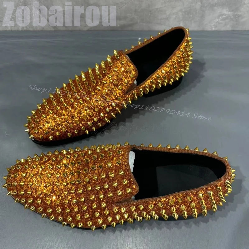Maxy Gold Glitter Spikes Decor Low Top Loafers Fashion Slip On Men Shoes Luxury Handmade Party Banquet Office Dating Men Dress Shoes