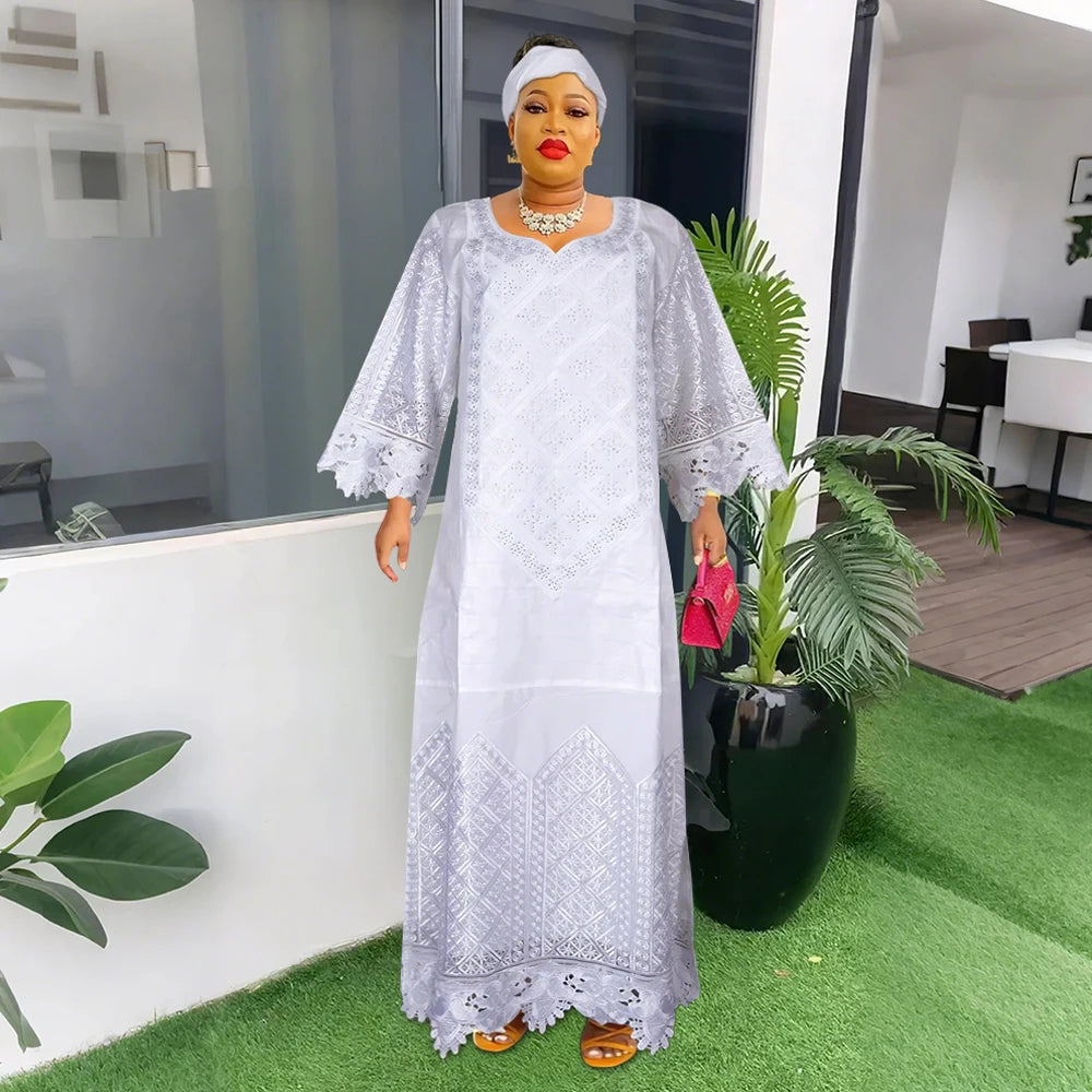 Maxy H&D Women Traditional African Dresses Bazin High Quality Embroidery Dresses White Traditional Dress for Wedding Party Occasions
