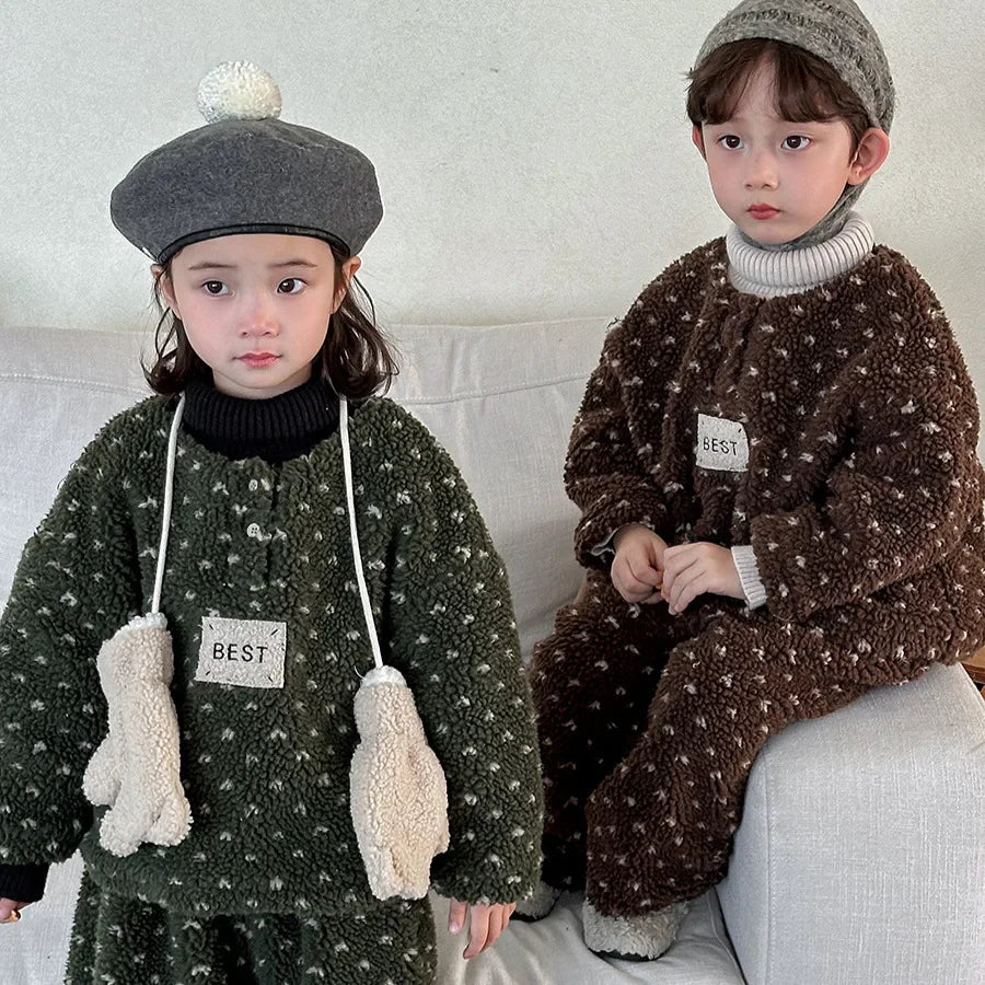 Maxy Girls Suits Children Winter Lamb Wool and Fleece Hoodie Boys Girls Baby Thick Bloomers Two-piece Set Korean Simple Style