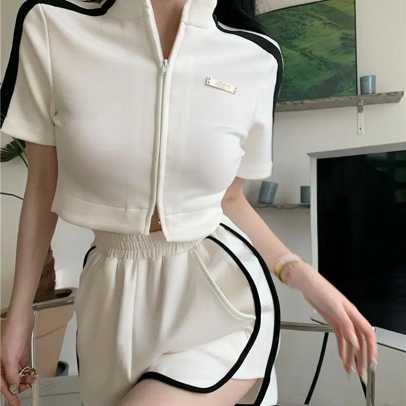 Women Suit Shorts Set White Hottie Age Reduction Splicing Short Sleeved T-shirt Summer Fashion High Waisted Motion Leisure