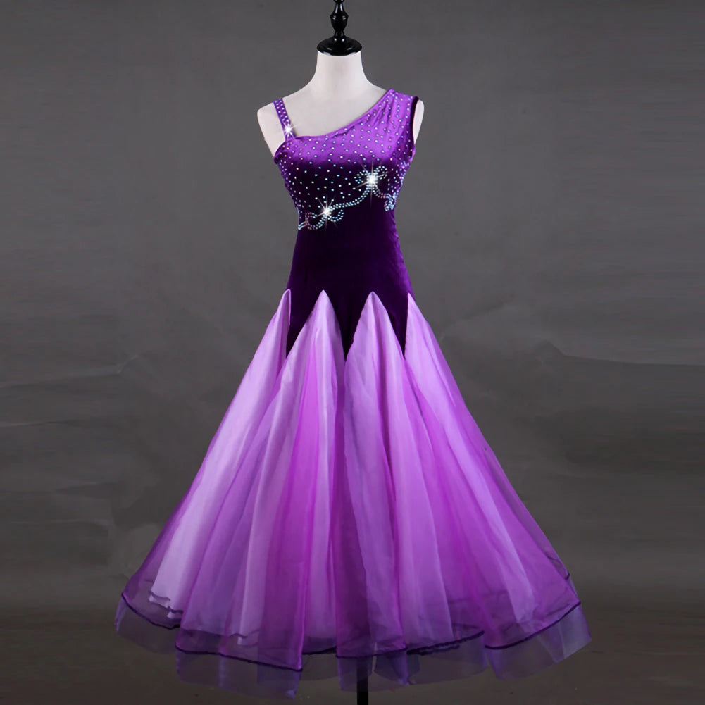 Maxy Waltz Ballroom Competition Dress Practice Wear Dance Performance Stage Costume Evening Party Gowns Rhinestones Big Swing