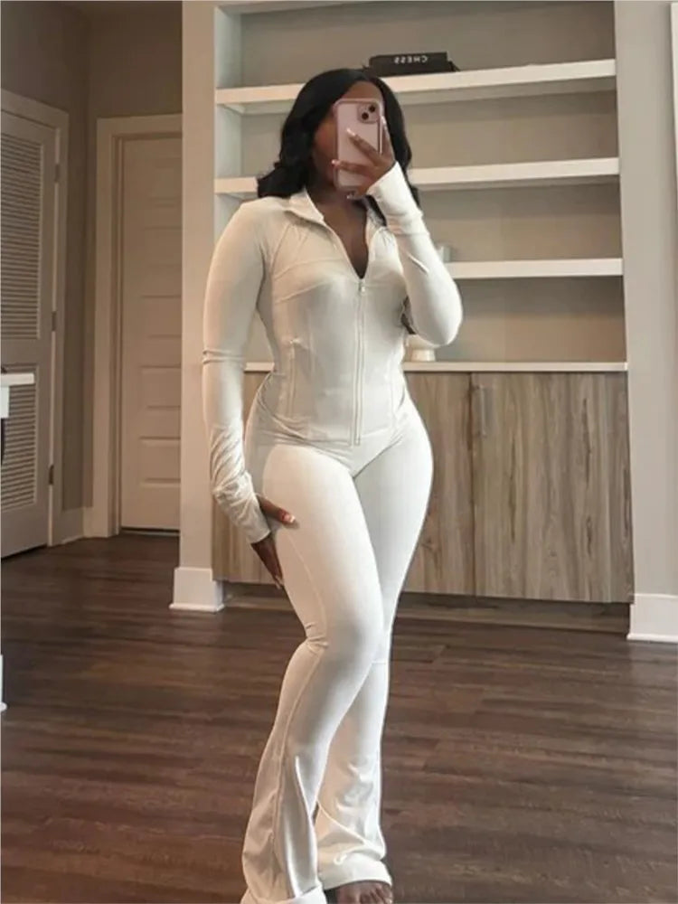 Maxy Autumn Casual Solid Sporty Two Piece Sets Elegant Women Stand NeckZipper Long Sleeve Slim Top & Skinny Pants Outfits Tracksuits