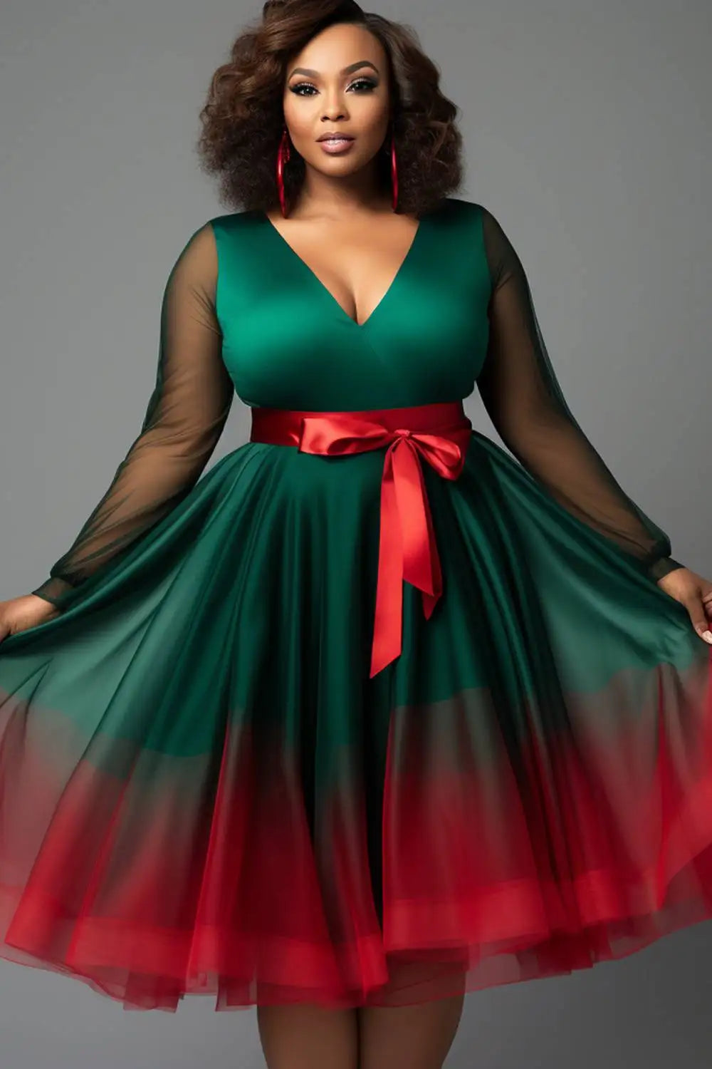 Amay Plus Size Christmas Emerald Green Gradient V Neck Lantern Sleeve Long Sleeve See Through Wrap Tulle Mini Dresses