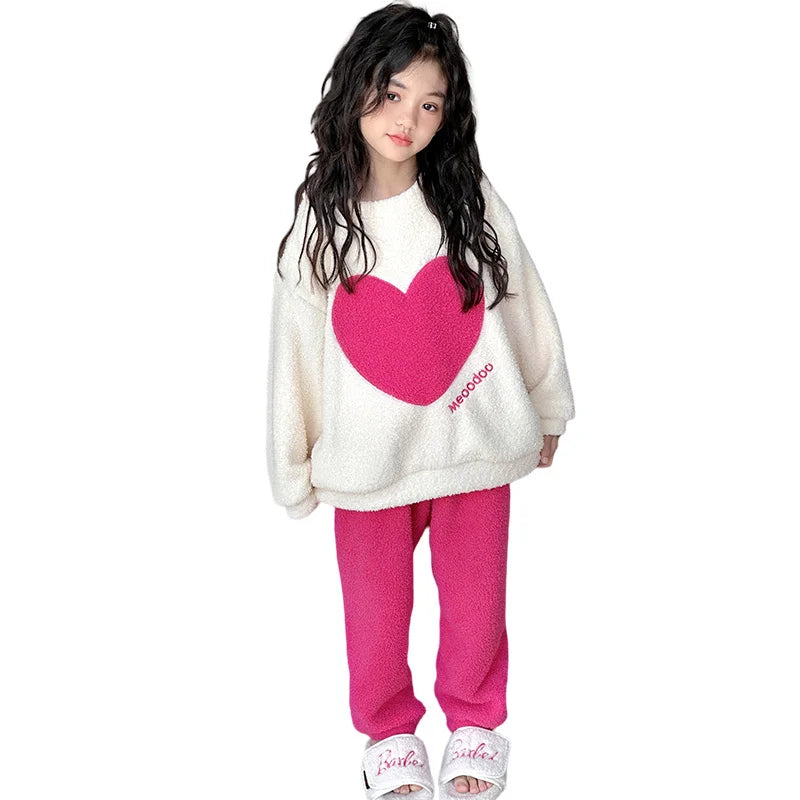 Babs Heart Print Graphic Plush Girls Pajamas for Children's Pajamas Christmas Autumn Winter Sleepwear Set Warm pajama Girl Loungewear