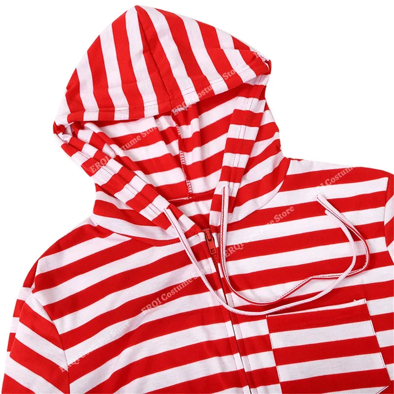 Maxy Couple Onesie Plus Size Christmas Pajamas Red and White Striped Onesies for Adults with Zipper Jumpsuit Hooded Sleepwear