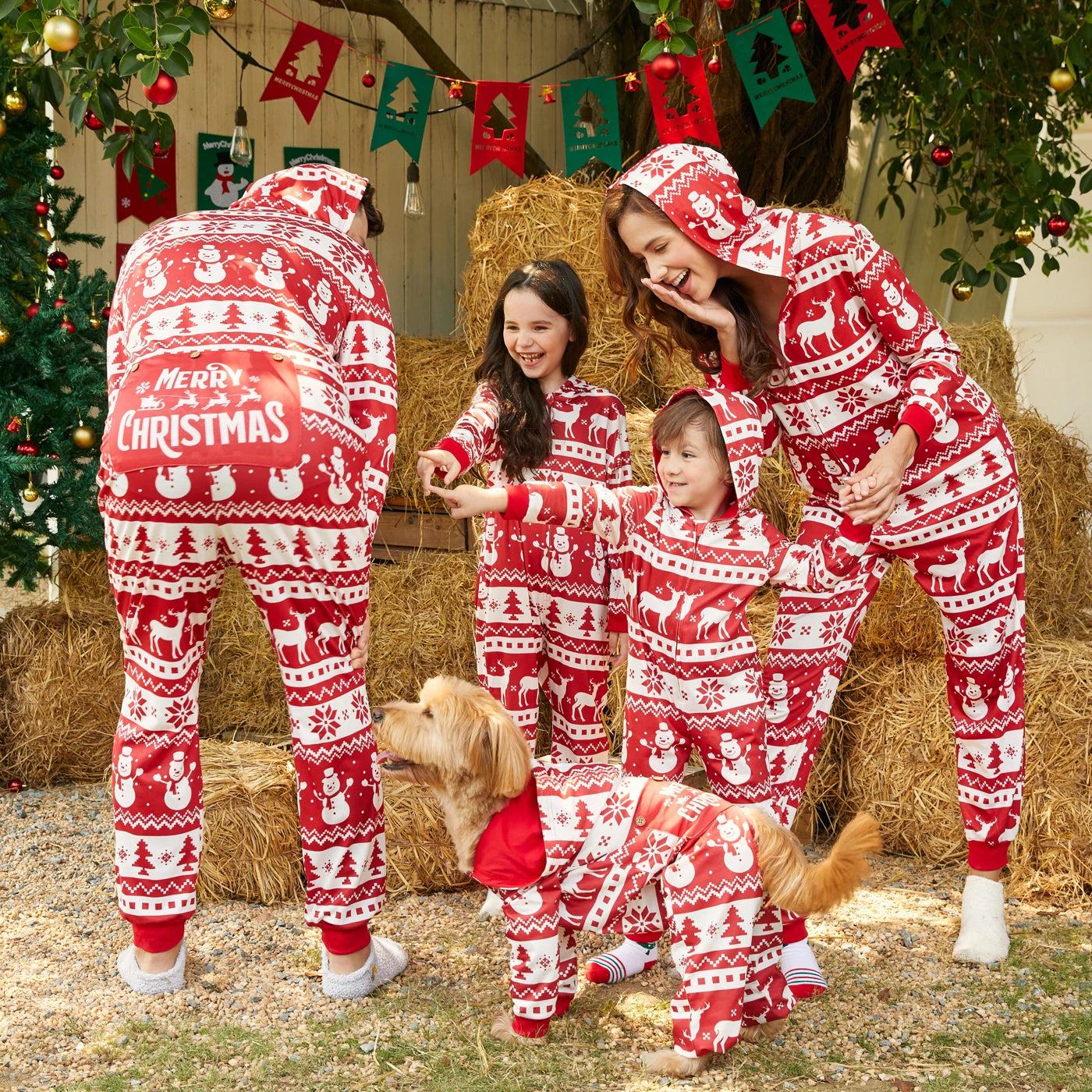 PatPat Christmas Family Matching Allover Red Print Long-sleeve Hooded Zipper Onesies Pajamas Sets (Flame Resistant)