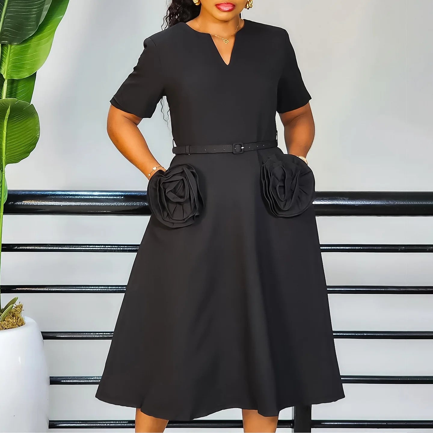 Maxy Elegant Dresses Woman Luxury V Neck Short Sleeve Solid A Line Mid Calf African Wedding Party Birthday Wear Dress Midi Robes