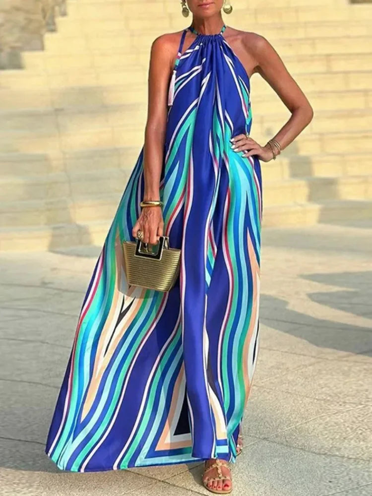 Maxy Lemongrove Summer Sleeveless Colorful Striped Halter-Neck Beach Dress For Women New Fashion Sleeveless Party Evening Dresses