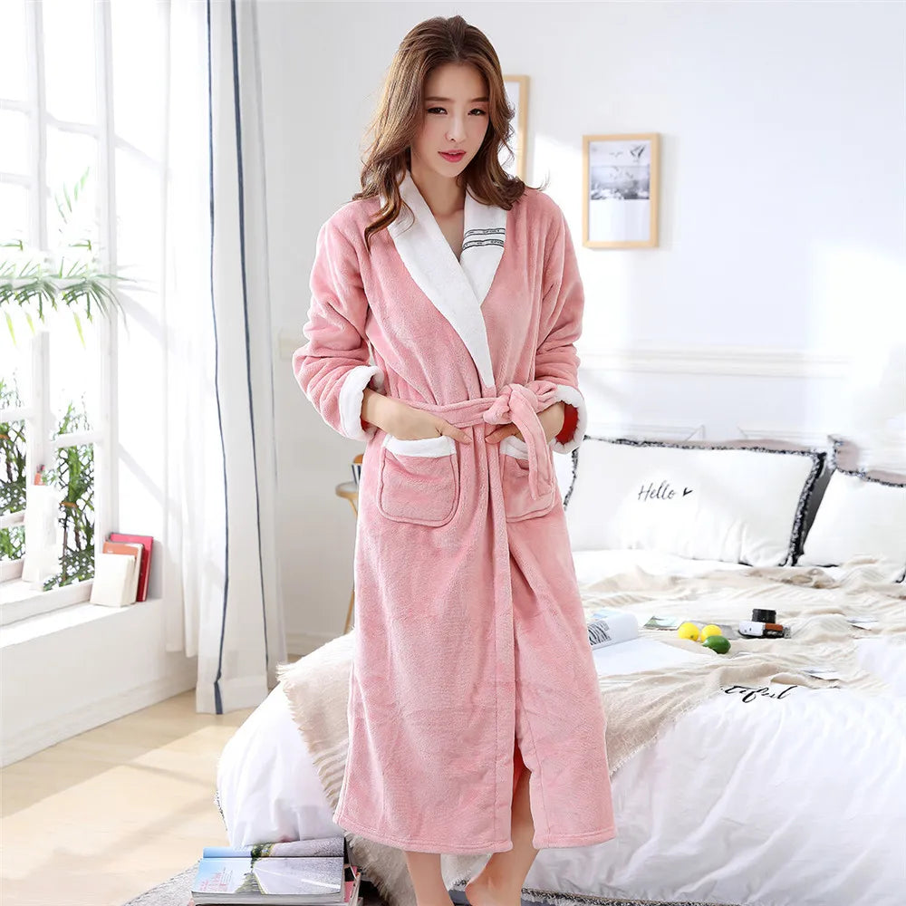 Winter New Female Robe Sleepwear Thickened Coral Fleece Bathrobe Nightgown Warm Loose Flannel Home Dressing Gown Lounge Wear