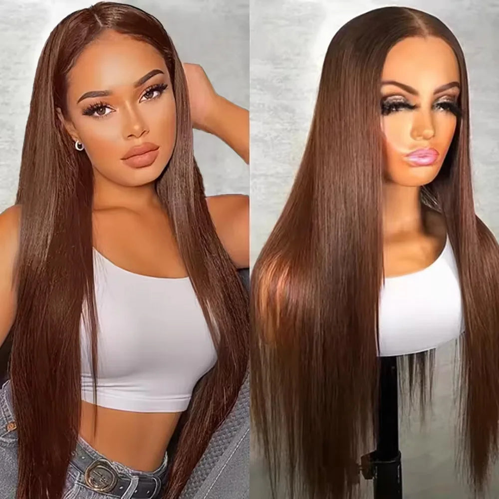 #4 Chocolate Brown Lace Front Wig 13x6 HD Transparent Lace Frontal 200 Density Silky Straight Pre Plucked Bleached Ready To Wear