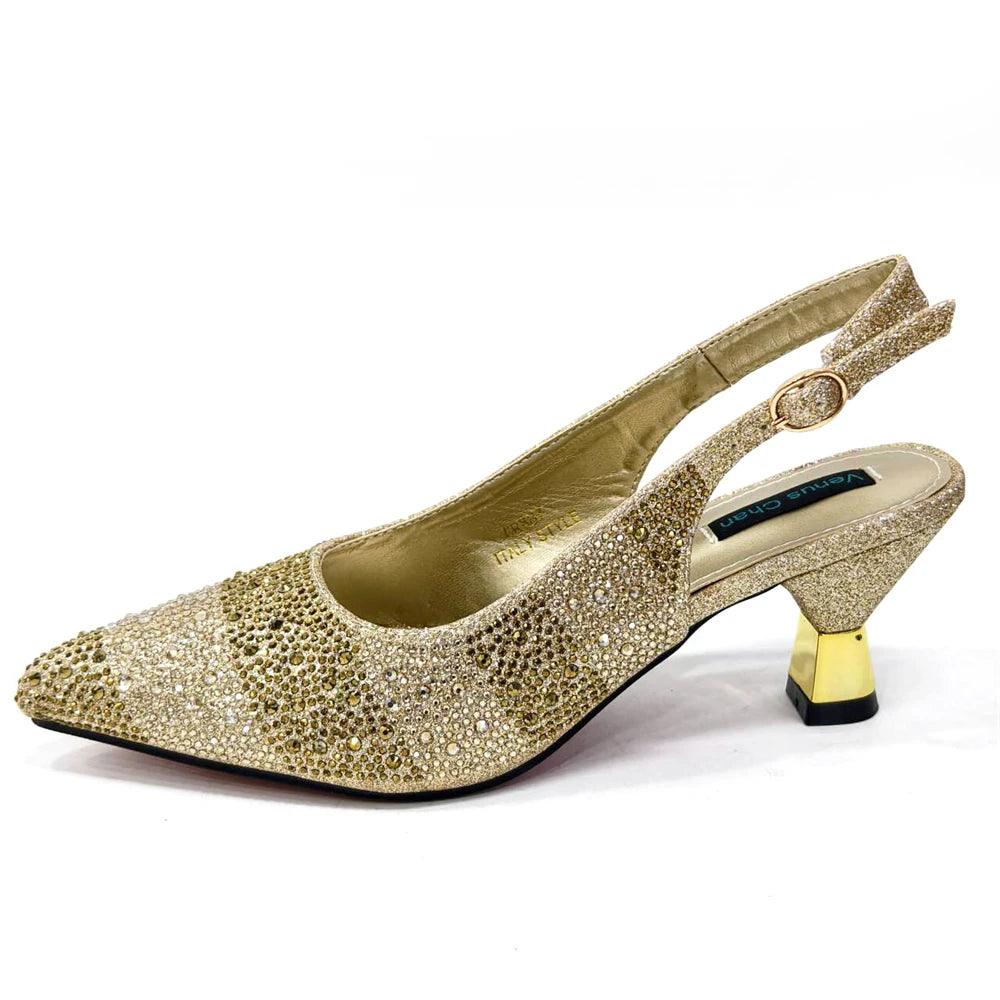 Maxy Fashion Italian Design Exquisite Beaded Flower Embellishment Golden African Women's Pointed Toe Shoes and Bags Set