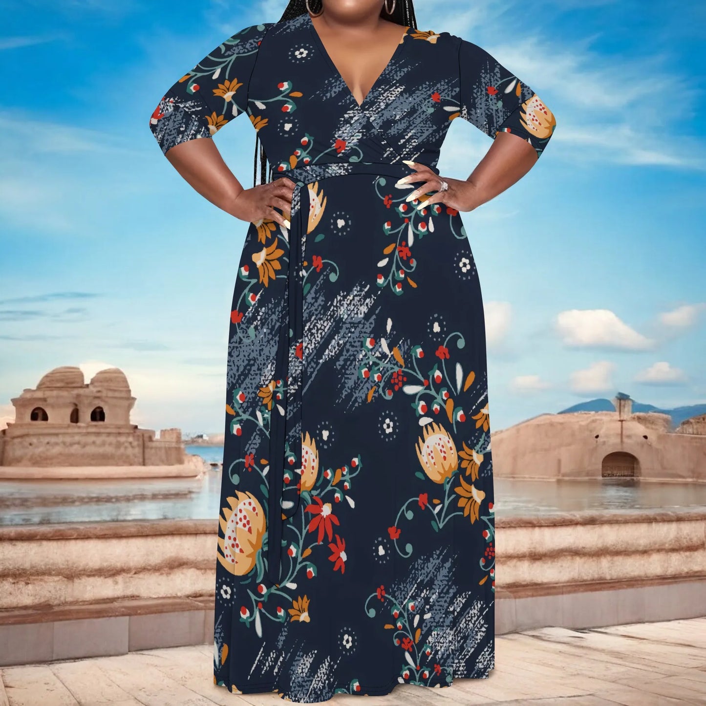 Maxy Plus Size Women's V-Neck Half Sleeve Abstract Floral Maxy Dress Elegant Summer Vacation Dress