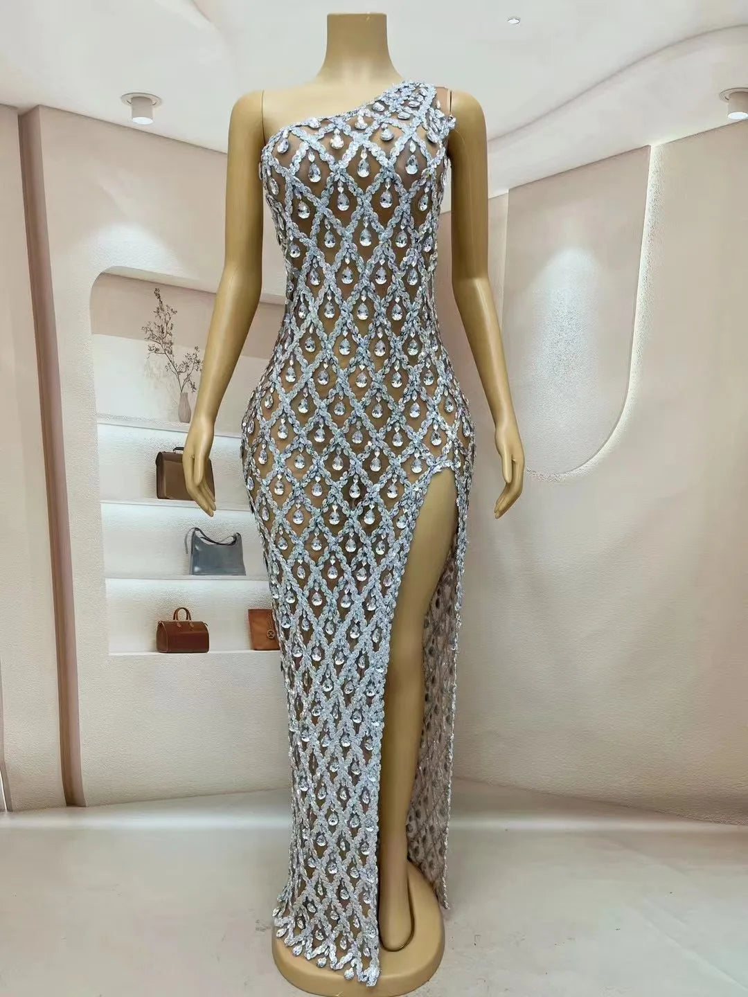 Amay Women Evening Wedding Sparkly Silver Sequins Rhinestones High Split Dress Elegant Celebrate Prom Gown Birthday Photograph Dress