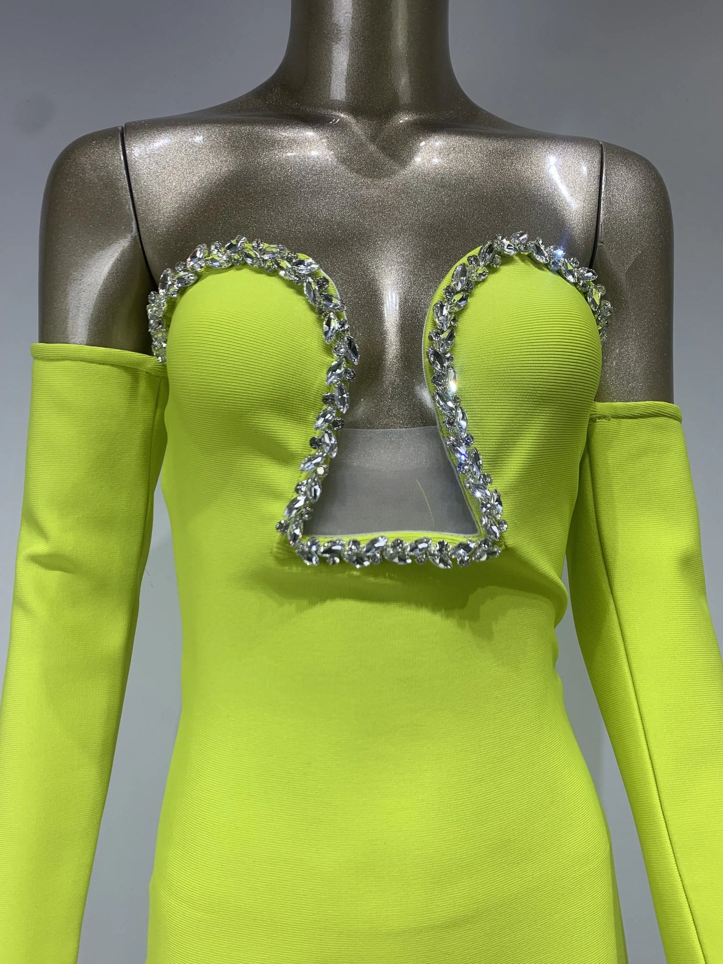 Maxy Neon Bandage Dress Party Evening Elegant Luxury Celebrity Women Off Shoulder Long Sleeve Crystal Long Birthday Gowns