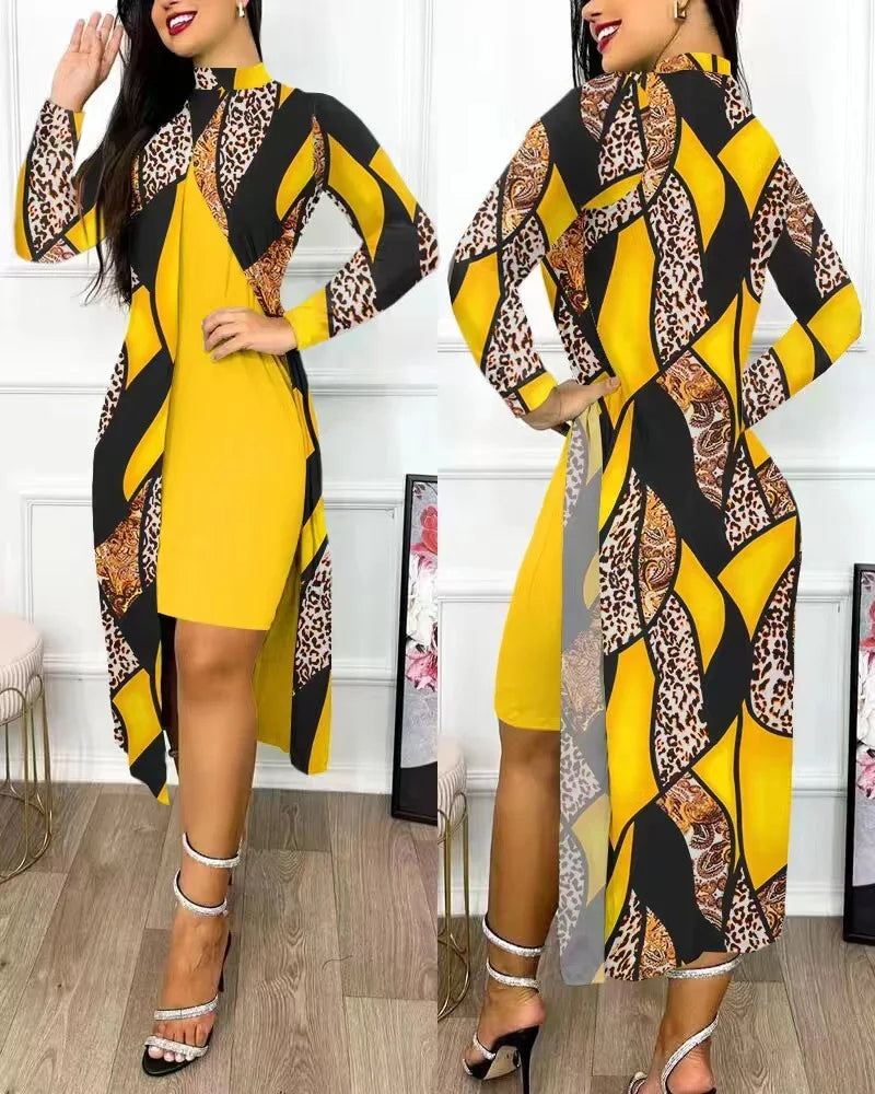 Maxy Two Piece Set Women Print Dresses Sets Full Sleeve Half High Collar Split Cardigan Dress Suits Elegant A Line Office Lady