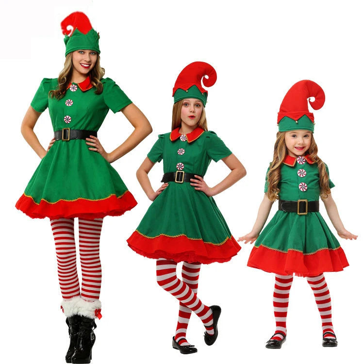 Christmas Maxy Family Costume Role Playing Outfit Green Santa Claus Party Performance Fancy Clothing for Men Women Girls Boys