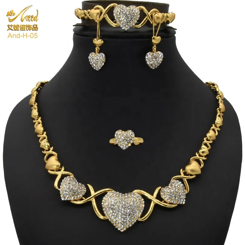 Maxy Women Gold Plated Jewelry Set Heart Necklace African Wedding Bangles Luxury Bridal