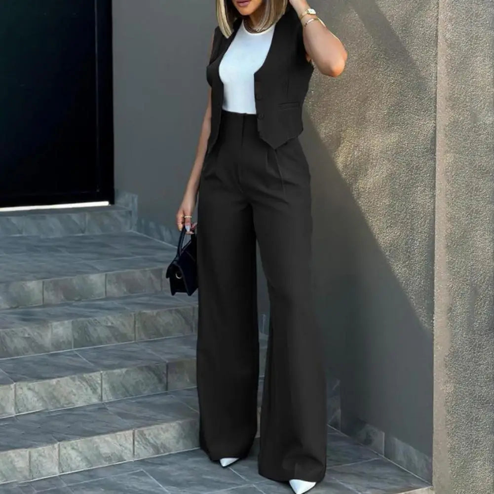 Zay Women Vest Elegant Lady Baggy Pants Set Women's High Waist Wide Leg Pants with Sleeveless Vest Solid Color Casual Streetwear