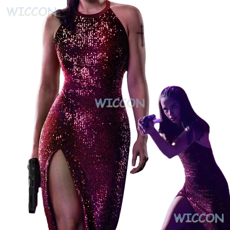 Maxy From The World Of John Wick: Ballerina Eve Cosplay Red Evening Halterneck Dress Cosplay Costume Movie Suit