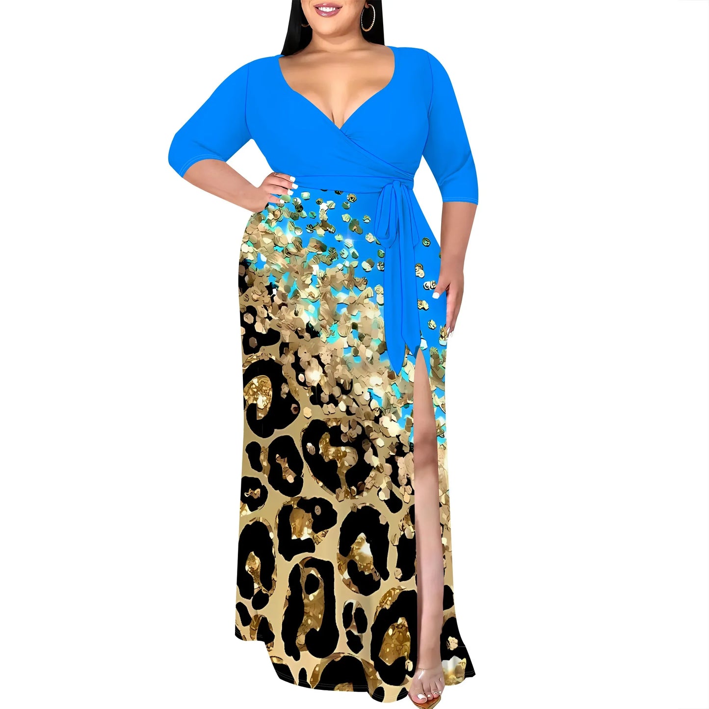Maxy Plus Size V-Neck Wrap Dress with Gold Leopard Print Split Hem Elegant Party Dress for Women