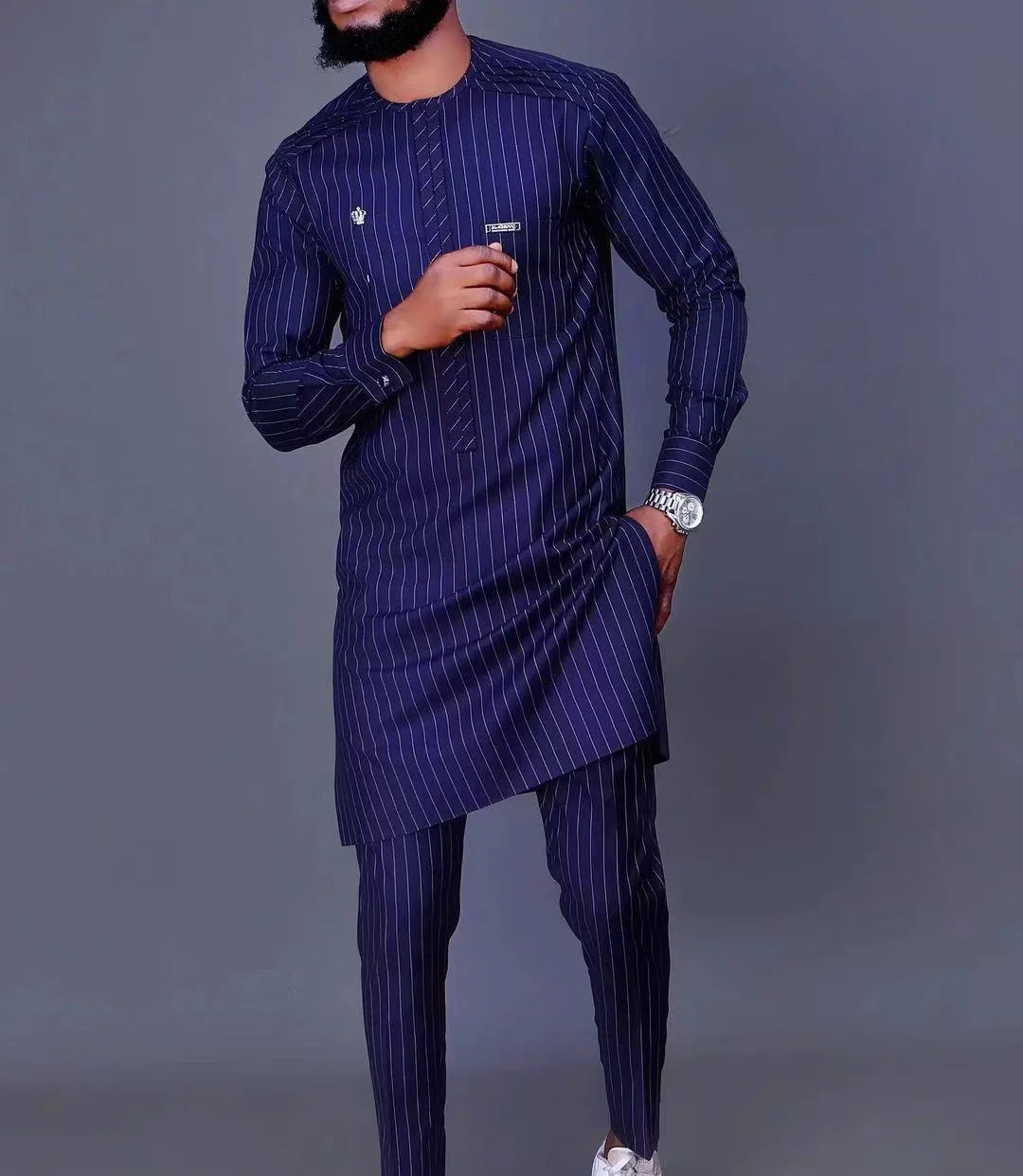 Maxy New African Traditional Men's Set Round Neck Long Sleeve Yellow Luxury Two Piece Dashiki Wedding Party Festival Men's Suit