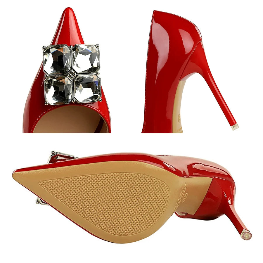 Visco BIGTREE Shoes NEW Luxury high heels Rhinestone Design Women Pumps Patent leather Female heels stilettos Fashion Sexy Party shoes