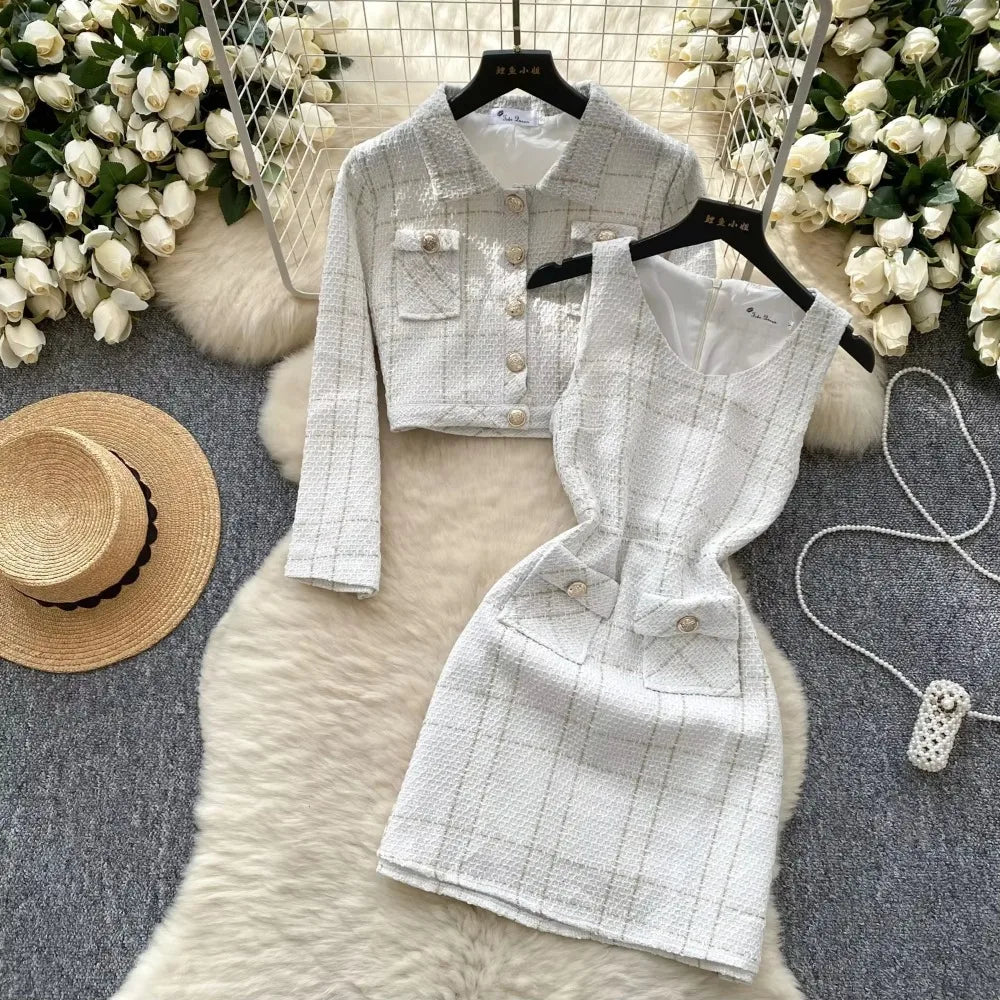 Maxy Chic Plaid Women Two-Piece Sets Slim Metal Single Breasted Jacket Top and Sleeveless V-neck Dress Korean High Street Clothing