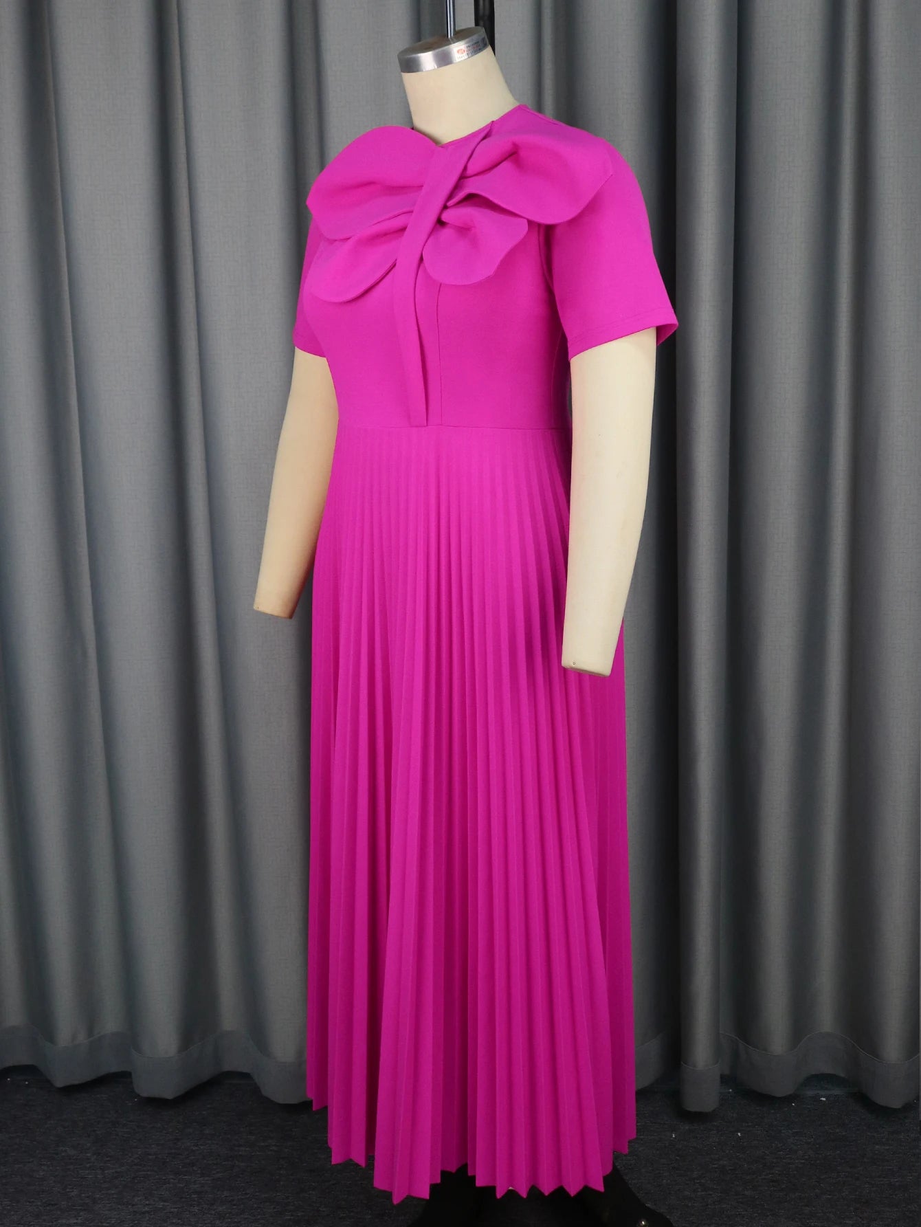 Rose Pleated Dresses for Women O Neck Short Sleeves Big Bows High Waist A Line Causal Fashion Chic Elegant Daily Ball Maxi Gowns