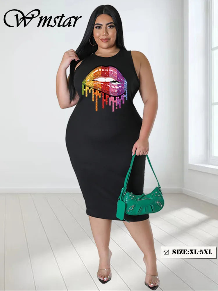 Wmstar Plus Size Dress for Women Clothing Summer Lip Print Bodycon Stretch Elegant Maxi Dresses Women Wholesale Dropshiping