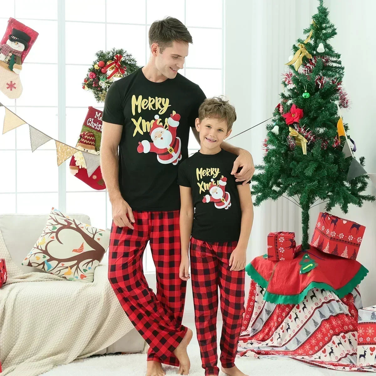 Merry Xmas Print Plaid Family Matching Pajamas Short Sleeve Tops+Long Pants 2 Pieces Suit Christmas Clothing Set Baby&amp