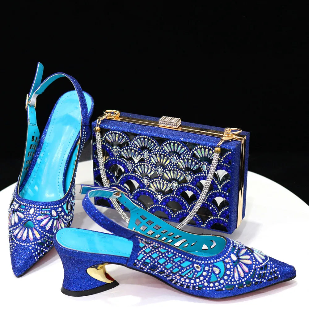Maxy New Arrival African Pumps Shoes and Bag to Match Set Italian Summer Decorated With Rhinestone Ladies Shoes With Party Bag Set