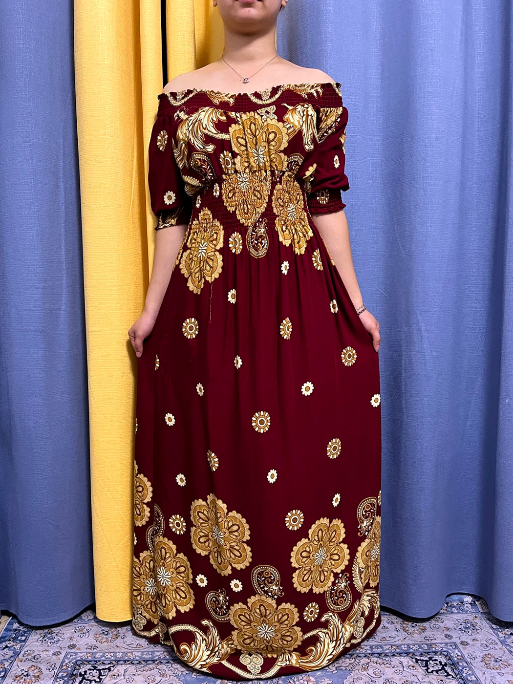 Maxy Muslim Abayas For Women Fashion Floral Elasticity Boat Neck Loose Fit Femme Robe African Party Evening Dresses With Turban