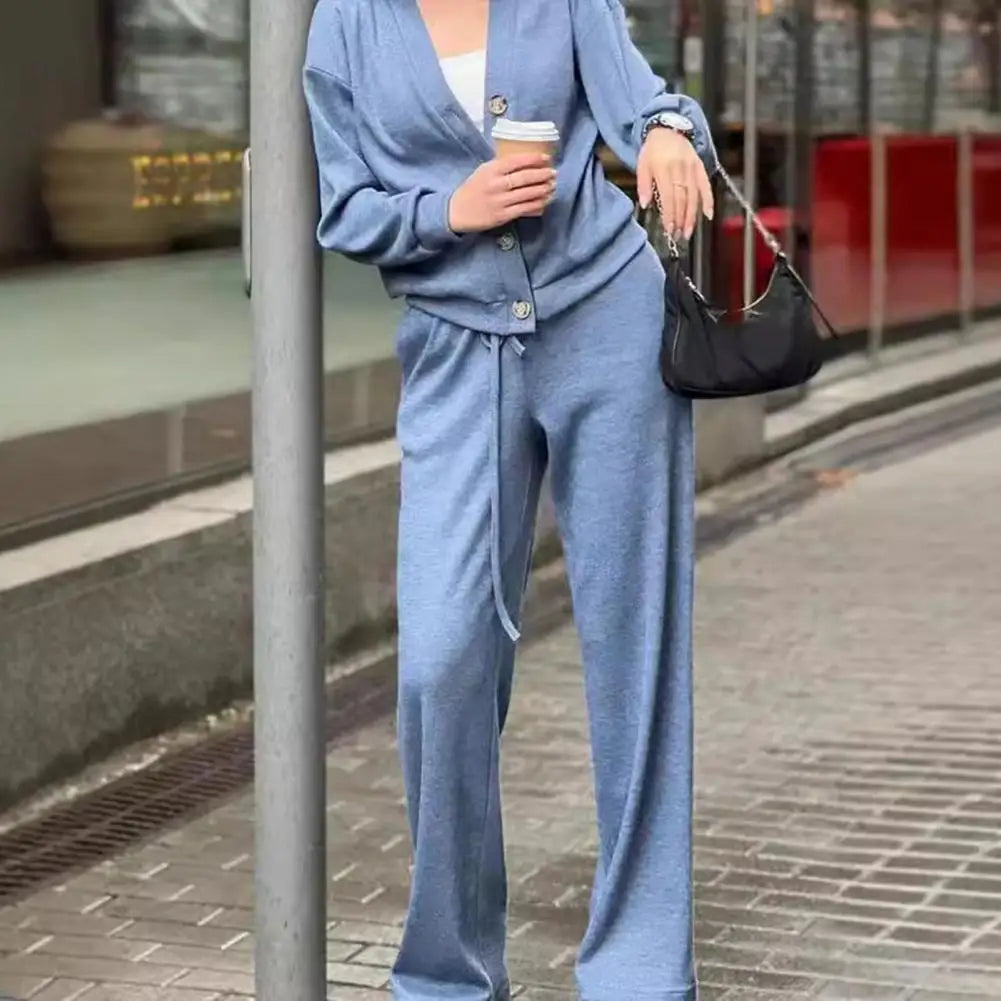 Maxy Elastic Waist Tracksuit Women Casual Two-piece Set Women's V Neck Knitted Shirt Wide Leg Trousers Set Long Sleeves for Casual