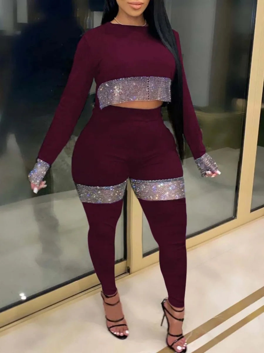 Maxy Plus Size Two Pieces Set Crop Top See Through Sequined Pants Set Autumn New Fashion Women's Long Sleeve Top Skinny Pants Set