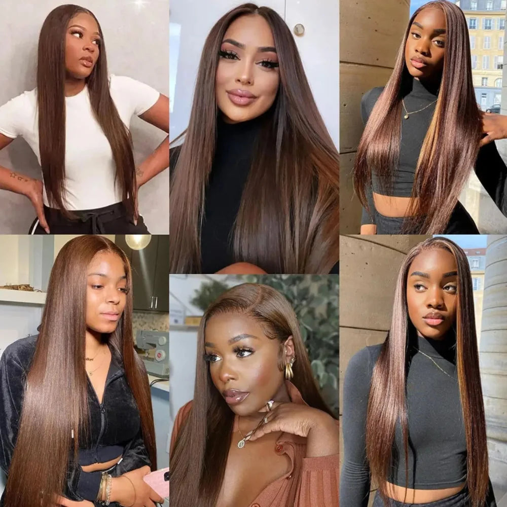 #4 Chocolate Brown Lace Front Wig 13x6 HD Transparent Lace Frontal 200 Density Silky Straight Pre Plucked Bleached Ready To Wear