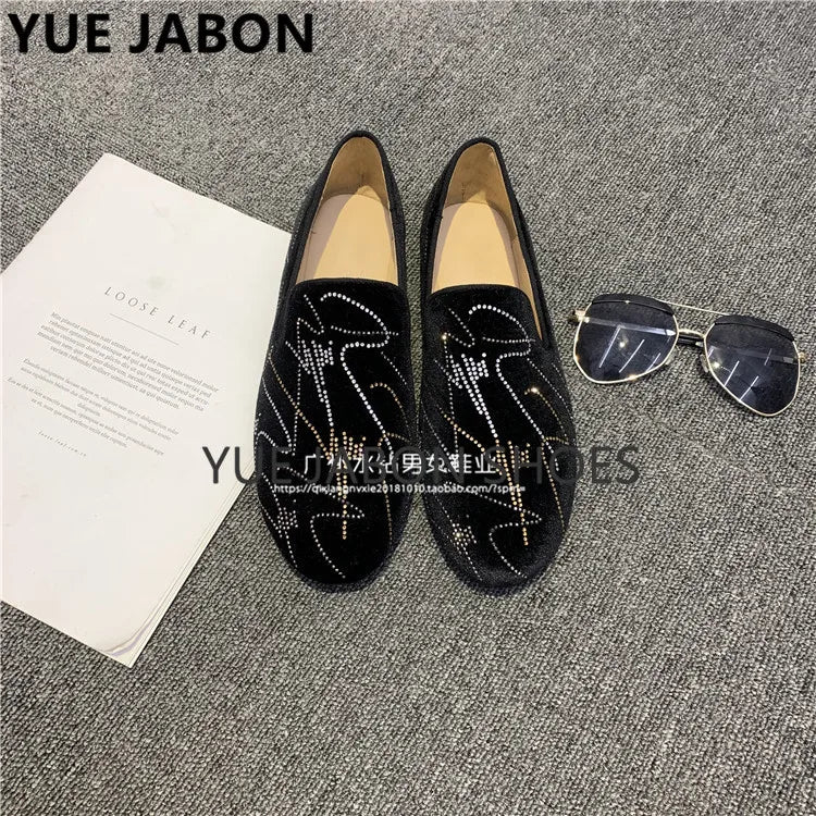 Visco New Fashion Men Rhinestone Shoes British Men's Flats Smoking Slippers Men Loafers Dress Shoes Black Casual Shoes Gladiator Mens